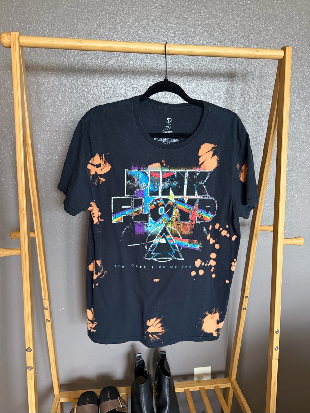 Liquid Blue Black Pink Floyd Graphic Tee with Orange Bleach Splatter